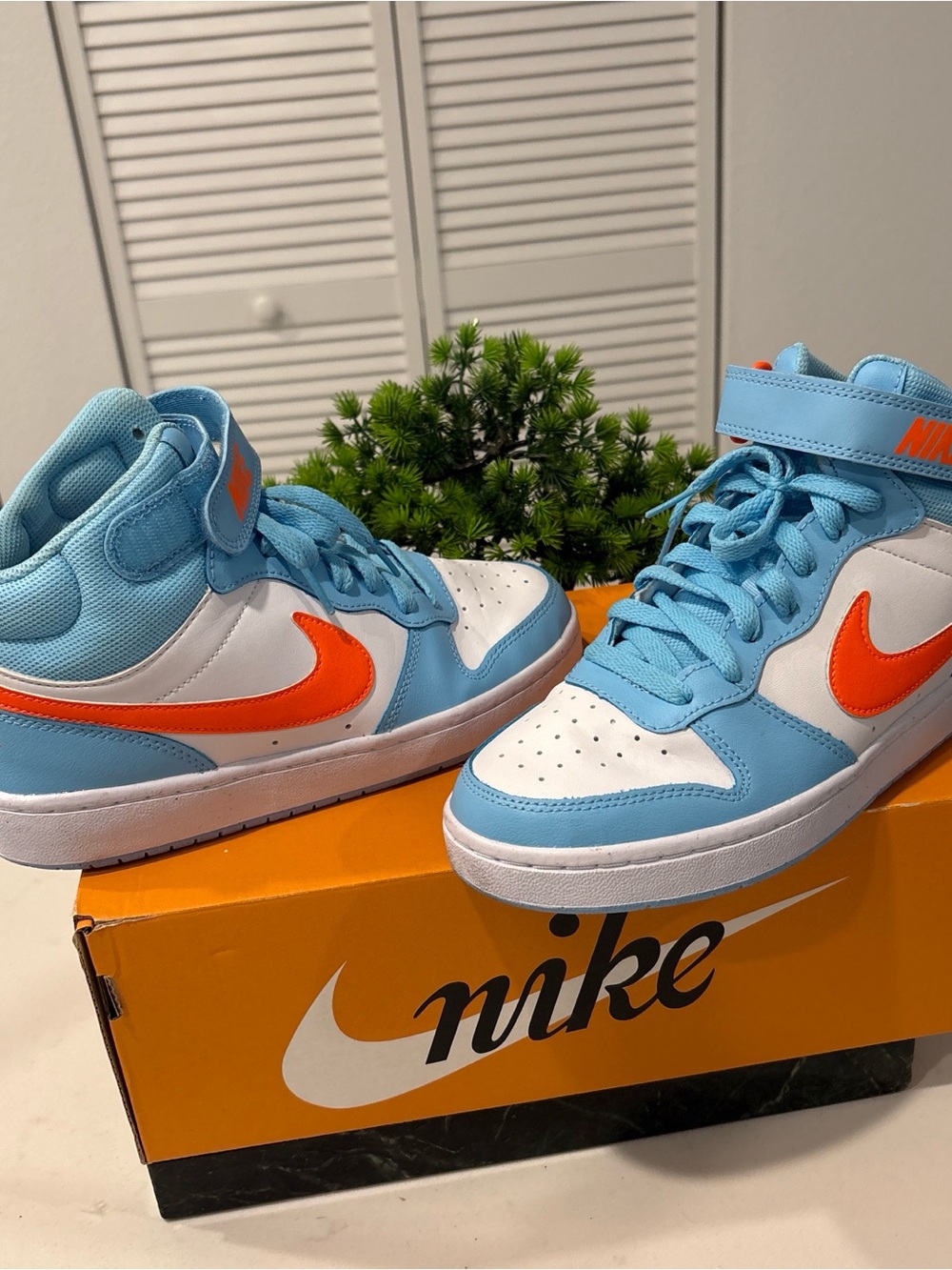 Nike Dunk High-Top Sneakers in Light Blue, White & Orange RARE